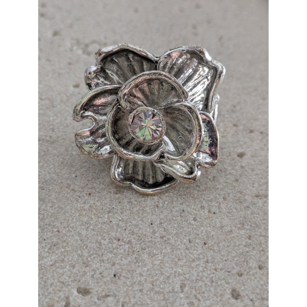 Oversized Floral Stretch Ring Size 6 Silver Tone Rhinestone Bling Glam Statement